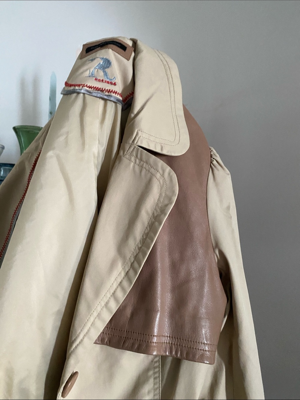 RUDSAK Cream Trench Coat with Brown Leather Yoke